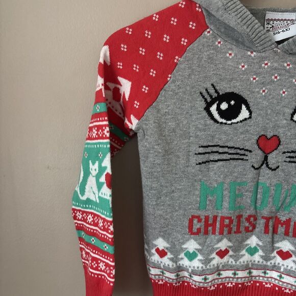 Kids Holiday Sweater Hoodie Size L 10-12 Gray Cat Motif Christmas Festive - Picture 3 of 6